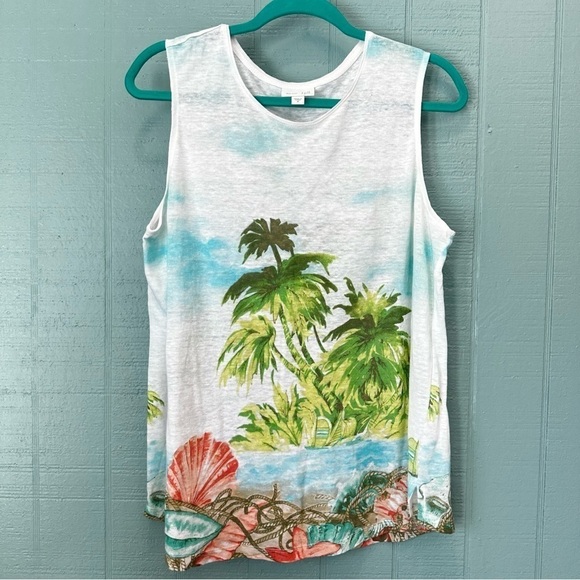 J.Jill 100% Linen Sleeveless Beach Scene Tank Size Medium - Picture 1 of 5